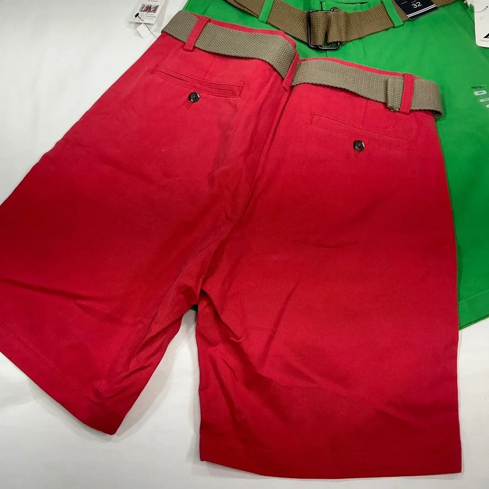 Nautica Mens 32 Chino Shorts 2 Pack Red Green Belted Flat Front BC6102 NEW
